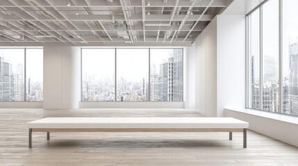 Fototapeta premium Modern Gallery Interior with Bench Seating and Panoramic City Views, Ideal for Art Exhibitions and Commercial Spaces