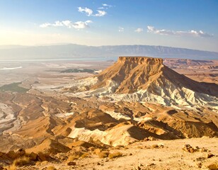 A high-angle view of a dramatic desert landscape, featuring a mesa-like mountain, arid valleys, and a vast, pale-toned body of water in the distance.