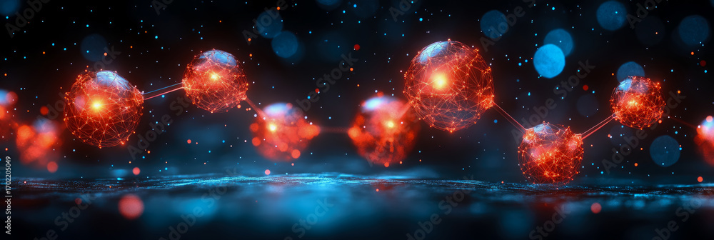 Poster dynamic abstract digital network of glowing red wireframe spheres linked across dark, futuristic lan