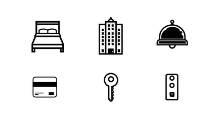 Hotel icons bed, building, service bell, credit card, key, and room control panel