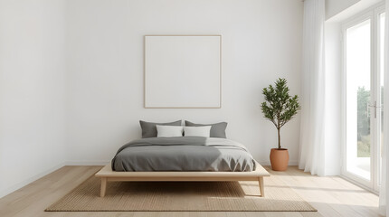 A minimalist bedroom with a low wooden bed, grey bedding, and a potted plant next to a large window.