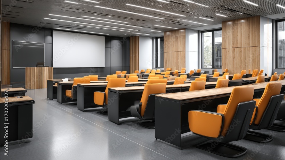 Poster modern empty auditorium with rows of seats and projector screen, ready for presentation