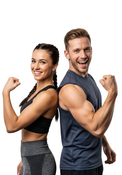 Healthy athletic couple showing off biceps and muscles. Fitness lifestyle, strong and happy woman and man in workout clothes posing with flexed arms, isolated on a transparent background