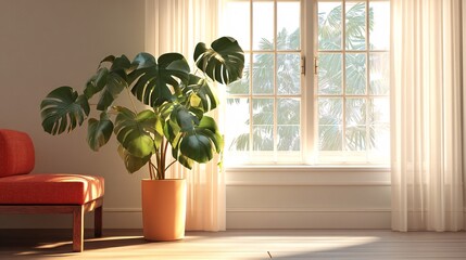 Minimalist living room with large potted monstera plant by the window