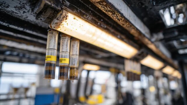 Close-up of mud flowing through clear meters and filters on a drilling rig, illuminated by bright LEDs, highlighting industrial fluid pressure systems.