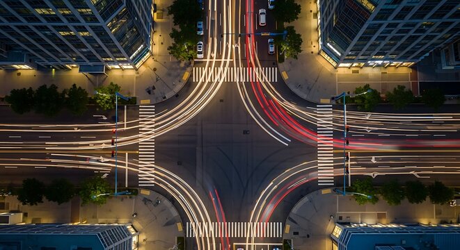 City Intersection at Night with Car Light Trails Aerial View