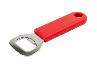 Red bottle opener with metal cutting edge isolated on transparent background