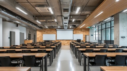 Modern University Classroom Interior with Rows of Desks, Projector Screen, and Concrete Ceiling