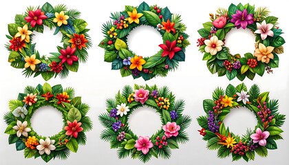 Six vibrant floral wreaths, featuring tropical flowers and greenery, arranged in a grid pattern on a white background.
