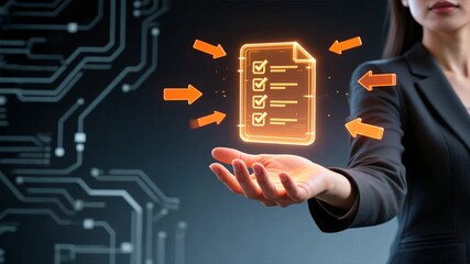 A businesswoman holds a glowing checklist icon with orange arrows in dark space, showing checklist, task progress tracking, checklist tracking - Powered by Adobe