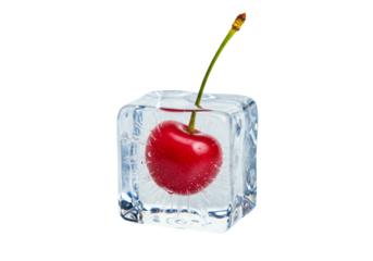 Red cherry frozen in ice cube transparent background