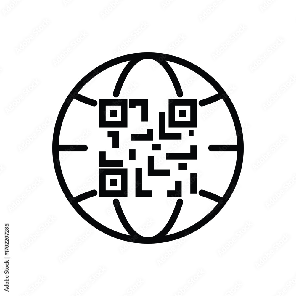 Poster qr code within a world globe icon black and white minimalist design. editable stroke icon