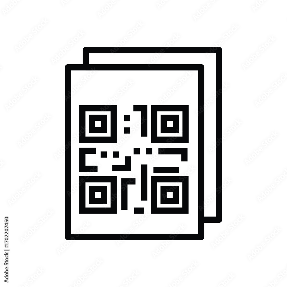 Poster two paper sheets display a qr code graphic. editable stroke icon