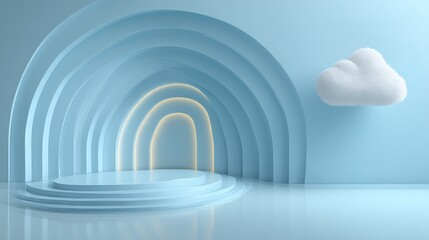 Obraz premium Minimalist Geometric Podium with Arches and Cloud, Soft Blue Product Display, 3D Rendering