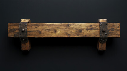 Rustic weathered wooden beam with ornate, distressed metal support brackets mounted horizontally against dark, textured background, evoking strength and vintage charm
