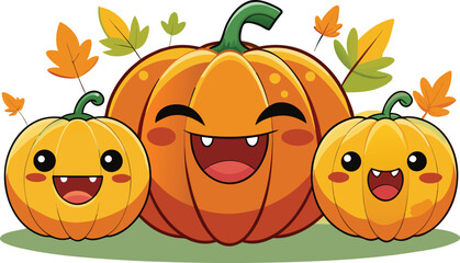 Vector cute halloween or thanksgiving pumpkin set. Collection of kawaii happy halloween pumpkins. Laughing pumpkins with cute faces. Funny smiling pumpkins for halloween or thanksgiving celebration.