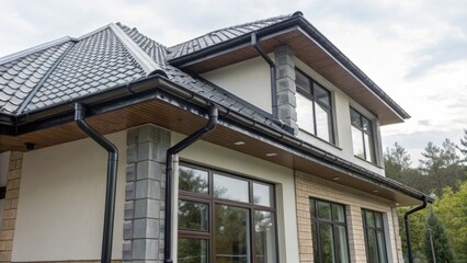 Commercial high-resolution photo of house corner featuring windows new gray metal tile roof and exterior metallic guttering and drainage system.