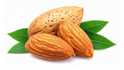 Close-up of almonds with leaves, isolated on white background, perfect for healthy eating and nutrition