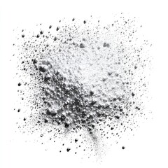 Obraz premium A close-up of a gray and white powder explosion, scattered on a white background, showing texture and fine particles