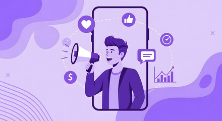 Flat Vector Illustration of Social Media Influencer in Smartphone Frame with Vibrant Floating Icons and Abstract Gradient Background