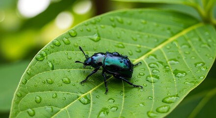 Fototapeta premium Dark Green Beetle on Wet Leaf.