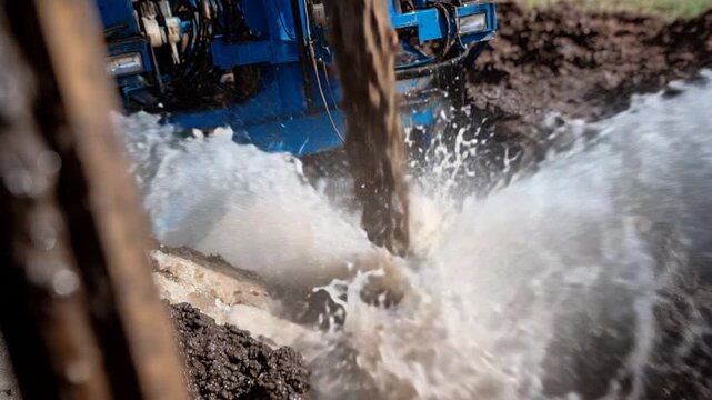 Close-up of a drill auger with soil and sediment, creating a slurry as water mixes, with hydraulic controls and hoses in the background.