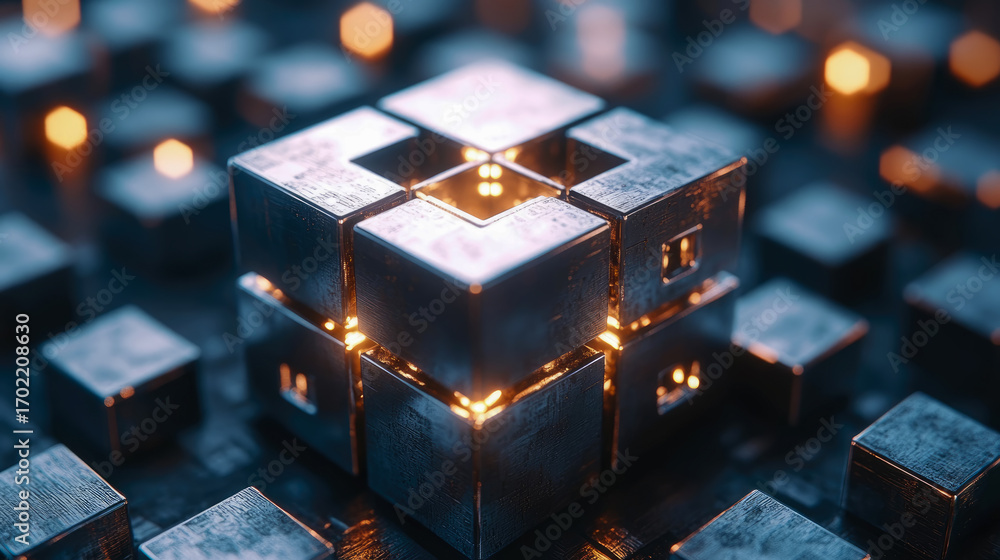 Poster intricate metallic cube structure with vibrant orange energy core, illustrating concepts of digital 