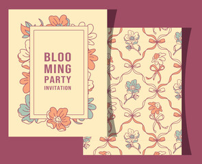 Feminine invitation card with pastel floral frame and decorative flowers. Romantic design for parties, weddings, birthdays, and spring celebrations
