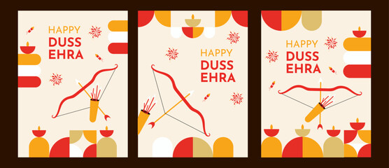 Set of three Happy Dussehra Flat trendy geometric style abstract pattern design with bow and arrow on Vijaydashmi. Indian Festival celebration background.