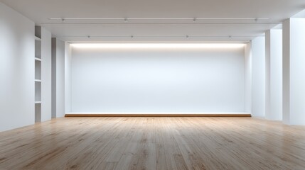 Fototapeta premium Bright Empty Gallery Space with White Walls and Wooden Floor, Ideal for Art Exhibition