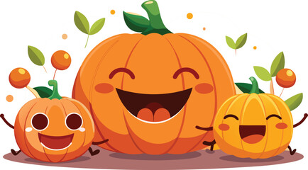 Vector cute halloween or thanksgiving pumpkin set. Collection of kawaii happy halloween pumpkins. Laughing pumpkins with cute faces. Funny smiling pumpkins for halloween or thanksgiving celebration.