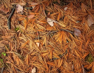 Close-up view of a bed of fallen autumn pine needles, showcasing a rich tapestry of burnt orange and brown hues, with interspersed twigs and dried leaves.