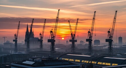 Obraz premium Cranes and Cologne Cathedral at Sunset.