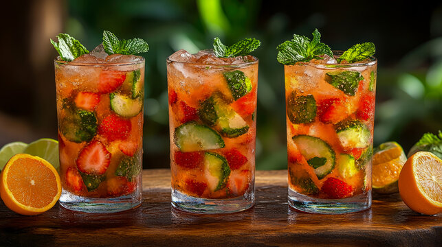 Three vibrant strawberry and cucumber infused refreshers garnished with fresh mint, presented on wet wooden surface with citrus halves, perfect for summer day