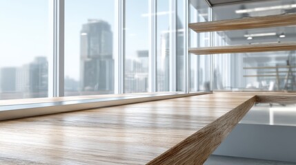 Fototapeta premium Modern Office Interior with Wooden Counter, Glass Windows, and City View for Background Presentation
