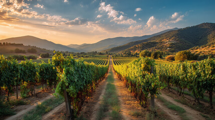 Fototapeta premium Panoramic Vineyard Sunset: Rows Of Grapevines At Golden Hour