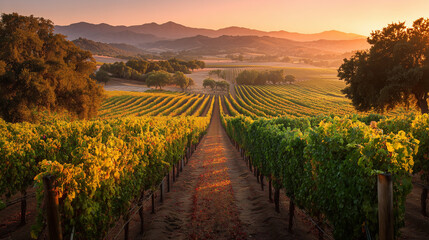 Naklejka premium Panoramic Vineyard Sunset: Rows Of Grapevines At Golden Hour