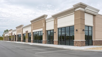 Modern Strip Mall Facade with Ample Parking and Customizable Signage for Retail or Commercial Development