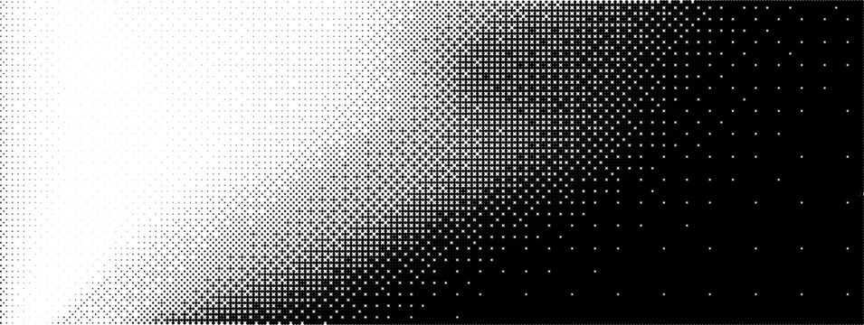 Pixel 8 bit dither gradient bg with game pattern for bitmap background. Black checkered spread and halftone noise with duotone tile and fade corner illustration. 2d wallpaper and digital grid.