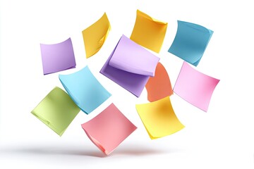 A cluster of pastel-colored sticky notes floats against a stark white background, suggesting ideas or reminders in motion