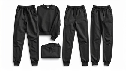 Essentials Apparel: A pristine display of essential black apparel, consisting of sleek sweatpants and a cozy sweatshirt, perfect for casual comfort and versatile styling.