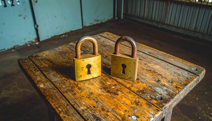 Two antique padlocks on a weathered wooden table in a vintage room