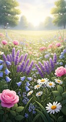 Fototapeta premium A vibrant meadow filled with blooming flowers and soft green grass, creating a cute background for any project