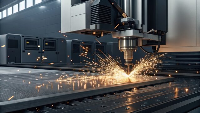 Commercial high-resolution photo of industrial technology concept with modern CNC laser technology engraving and cutting heavy metal with light spark.