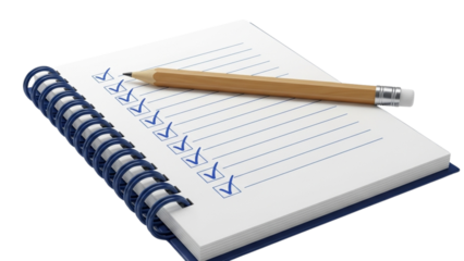 Notepad checklist with checkmarks and pencil on spiral binding