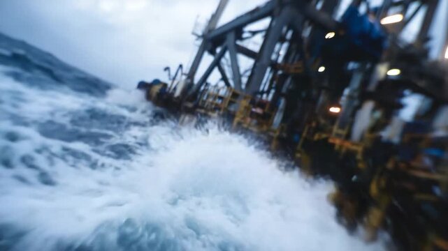 A dynamic close-up of mechanical drill pipes battling turbulent ocean waves, showcasing the rig's sturdy metal framework against relentless storm forces.