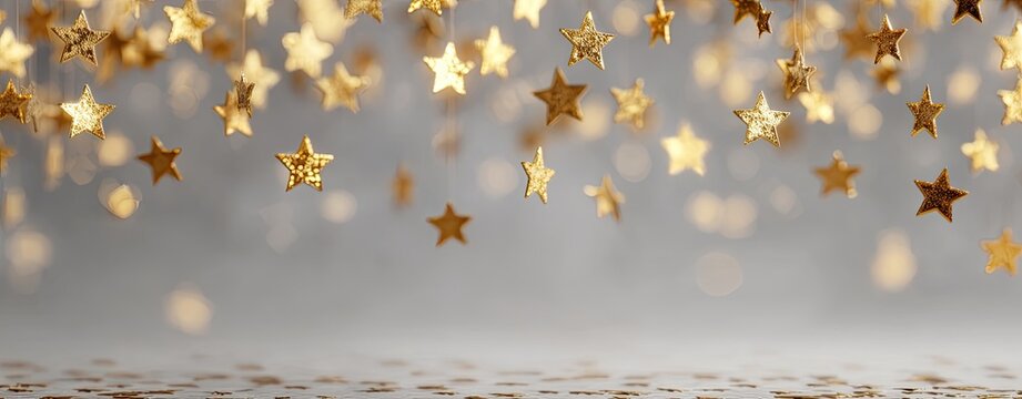 Golden stars falling onto a shimmering surface against a soft grey backdrop