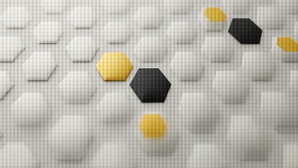 A close up of a wall covered in white and yellow hexagons.