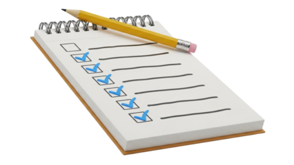 Spiral notepad with checklist and pencil on black backdrop