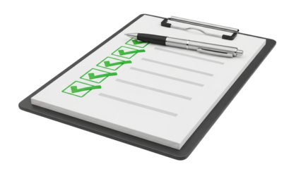 Clipboard with checklist and pen concept of approval and successful task completion